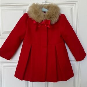 Janie & Jack Red Baby Coat w/ Faux Fur Collar & Bow – Size 12–18 Months